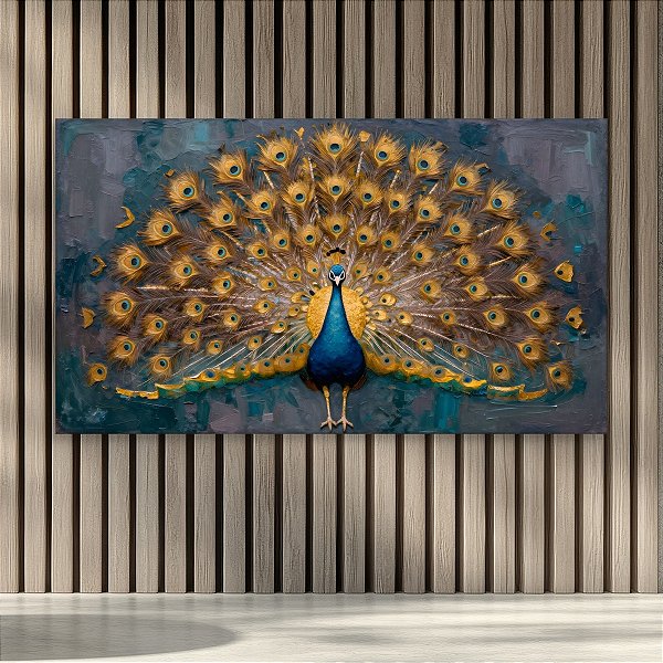 Quadro Decorativo Pavão com Cauda Dourada e Fundo Texturizado Azul 6299