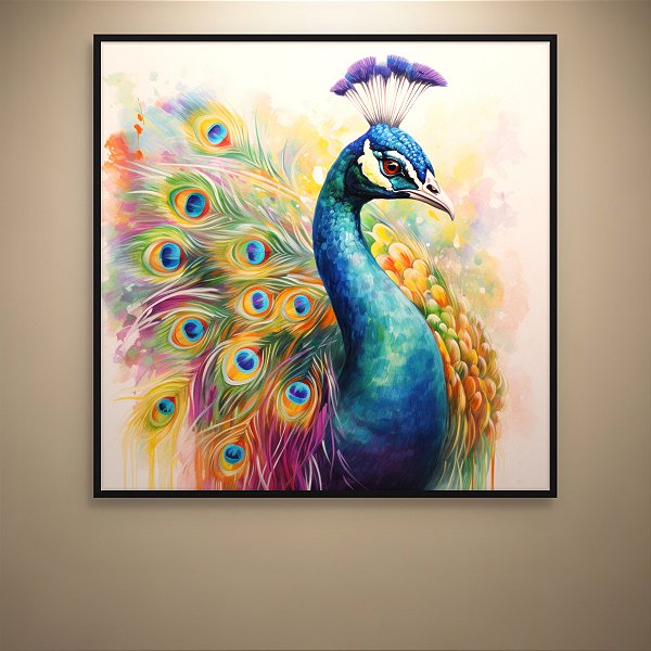 Quadro Decorativo Pavão Real Aquarela Colorida Arte Abstrata Moderna 60x60 6313