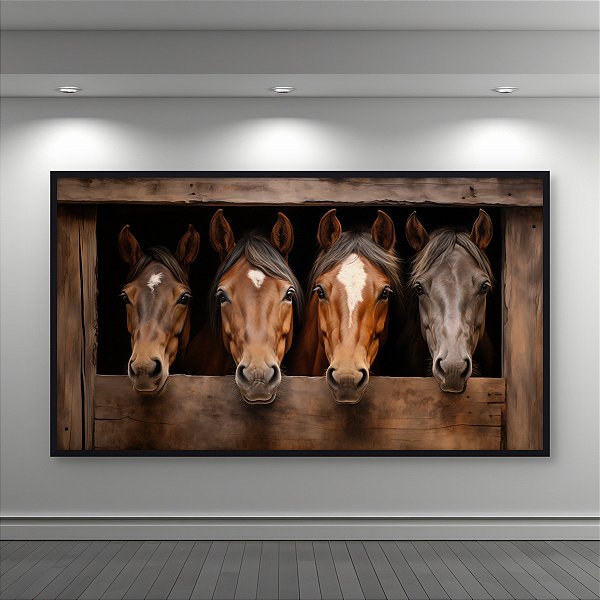 Quadro Decorativo Quatro Cavalos em Estábulo Rústico Arte Realista Farmhouse 6309