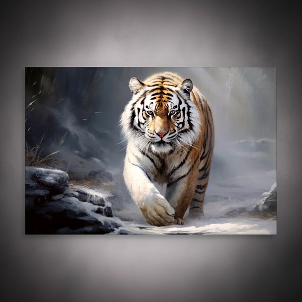 Quadro Decorativo Tigre Majestoso em Cenário de Neve e Névoa Artística 6300
