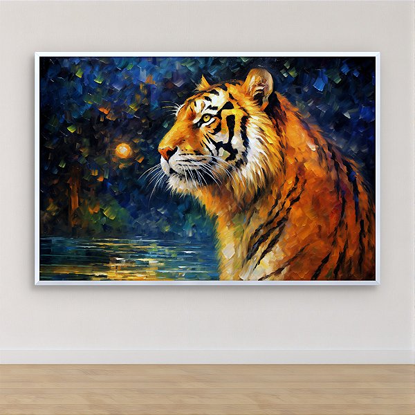 Quadro Decorativo Tigre majestoso em floresta noturna estilo pintura óleo 6303