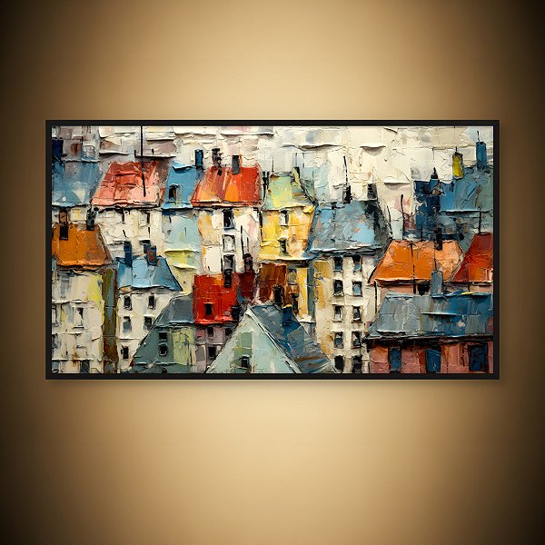 Quadro Decorativo Abstrato Paisagem Urbana Europeia Casario Colorido Espatulado 6370