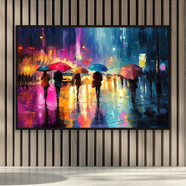 Quadro Decorativo Cidades Paisagem Urbana Noturna Chuva com Guarda-Chuva 6371