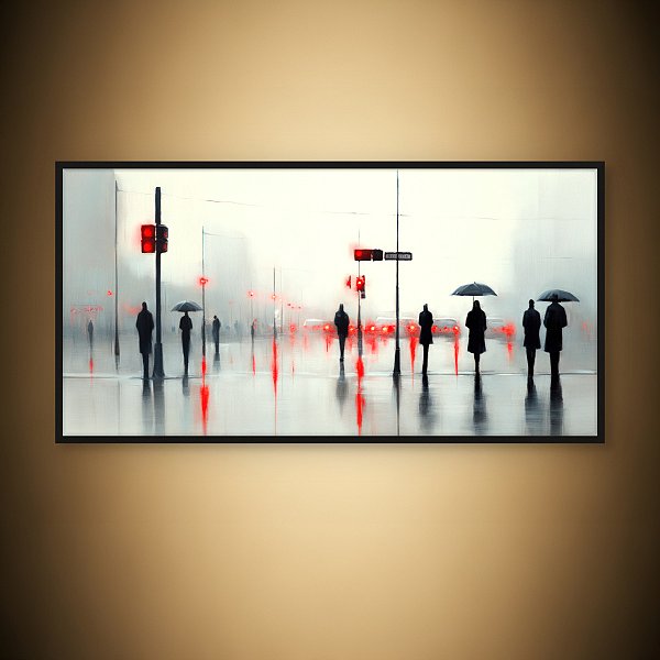 Quadro Decorativo Paisagem Urbana Chuvosa com Pessoas e Semáforos Vermelhos 6349