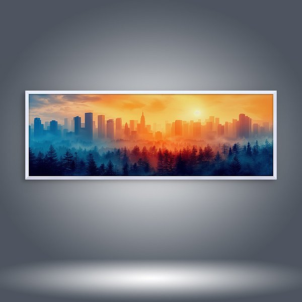 Quadro Decorativo Paisagem Urbana Skyline e Floresta ao Pôr do Sol 100x40cm 6355