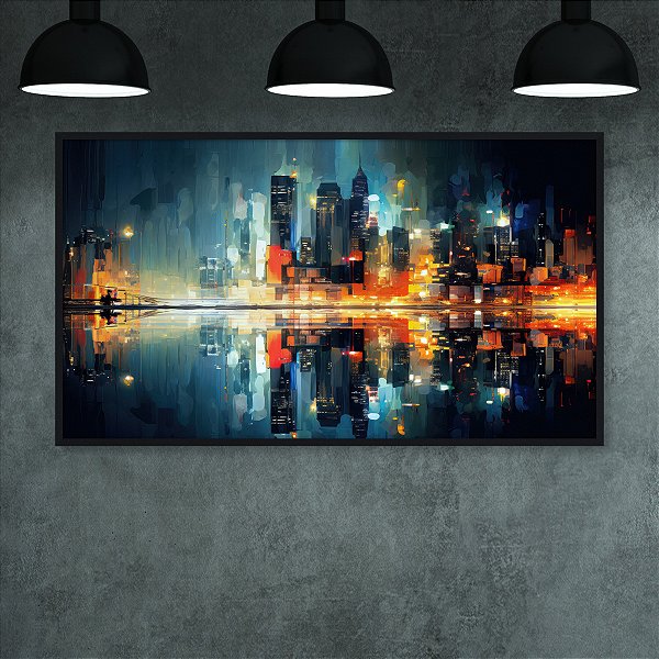 Quadro Decorativo Paisagem Urbana Skyline Noturno Reflexo na Água Estilo Arte 6359