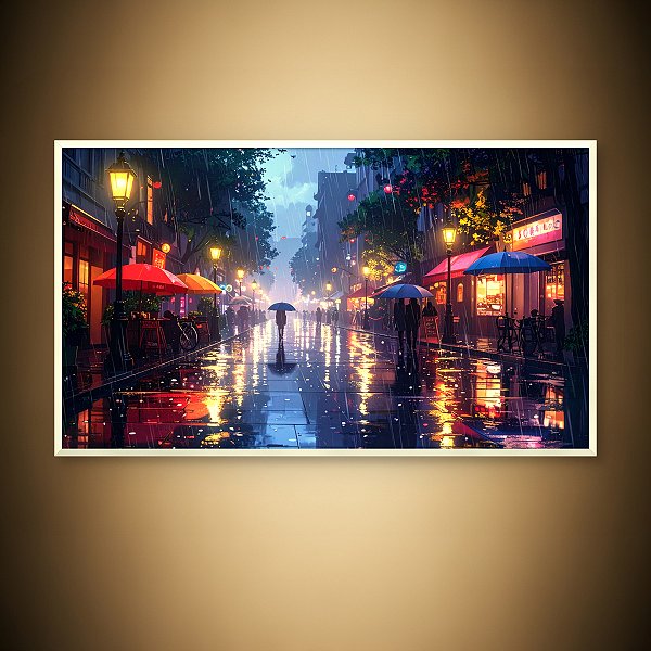 Quadro Decorativo Rua Europeia Iluminada em Noite de Chuva Arte Digital 6366