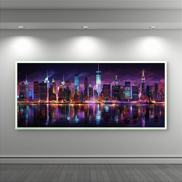 Quadro Decorativo Skyline Nova York Noturno Neon Paisagem Urbana Moderna 6363