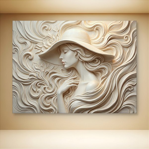 Quadro Decorativo Mulher com Chapéu e Flores em Relevo Esculpido Bege 6449