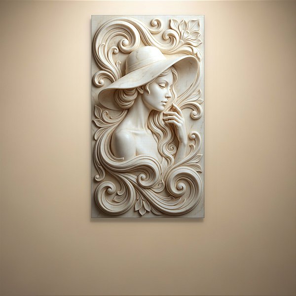 Quadro Decorativo Relevo Escultura Mulher com Chapeu e Flores em Mármore 6444