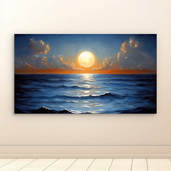 Quadro Decorativo Paisagem Marinha com Lua Cheia e Oceano Azul 6403