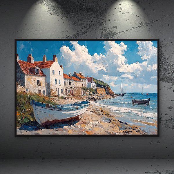 Quadro Decorativo Praia e Mar Barcos na Areia com Casas à Beira-Mar 6390