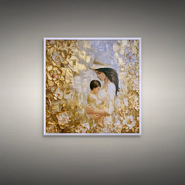 Quadro Decorativo Mulheres Mãe e Filho em Relevo Dourado com Flores 6420