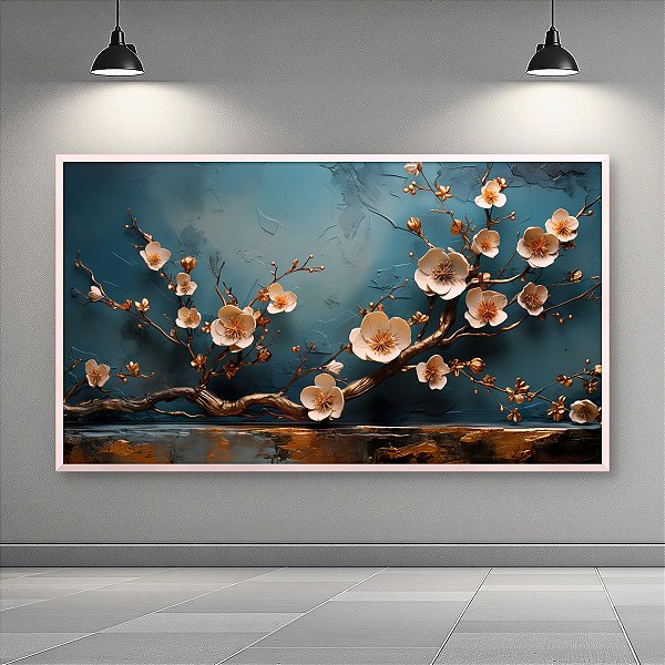 Quadro Decorativo Galho de Flor Branca e Dourada Fundo Azul Petróleo 6429