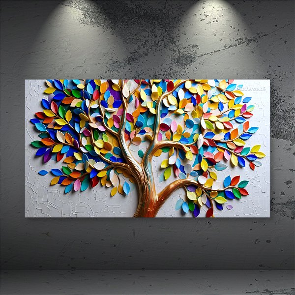 Quadro Decorativo Árvore Abstrata Colorida com Folhas em Relevo Dourado 6435