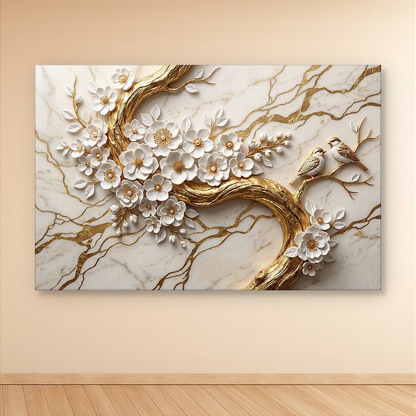 Quadro Decorativo Árvore Dourada Flores Brancas e Pássaros em Relevo 6442