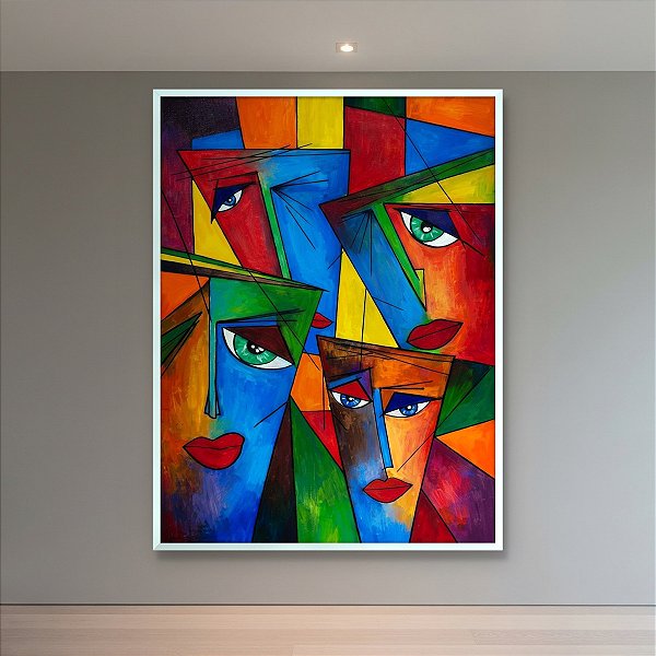 Quadro Decorativo Abstrato Moderno Rostos Geométricos Coloridos 6496