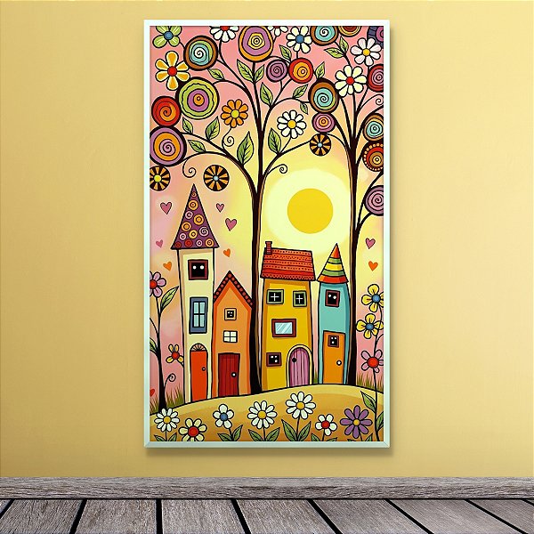 Quadro Decorativo Cidades Casinhas Coloridas e Árvores Estilizadas 6520