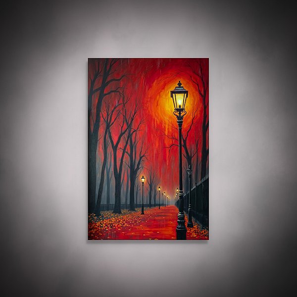 Quadro Decorativo Paisagem Urbana Outono Vermelho e Postes de Luz 6478
