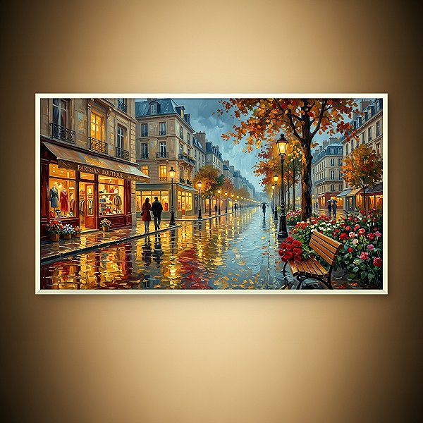 Quadro Decorativo Paisagem Urbana Paris Rua Chuvosa com Boutique 6489