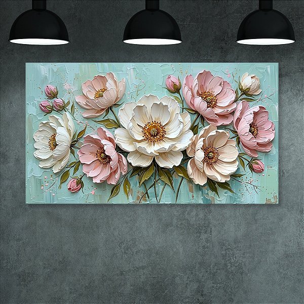 Quadro Decorativo Florais Flores Rosa e Brancas com Pinceladas em Relevo 6461