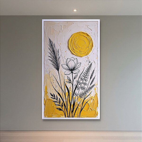 Quadro Decorativo Minimalista Florais Linhas e Sol Amarelo Relevo 6470