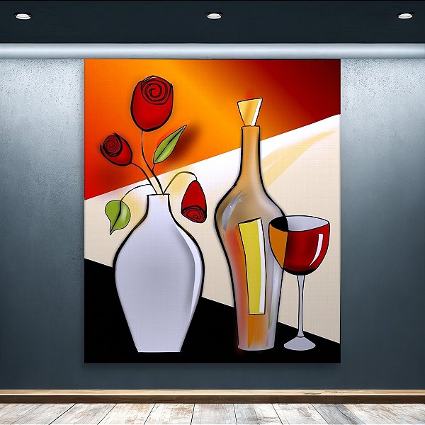 Quadro Decorativo Natureza Morta com Garrafa Vinho Taça e Flores 6498
