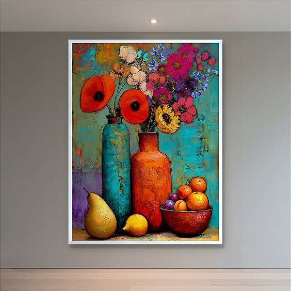 Quadro Decorativo Natureza Morta com Vasos Coloridos, Flores e Frutas 6510