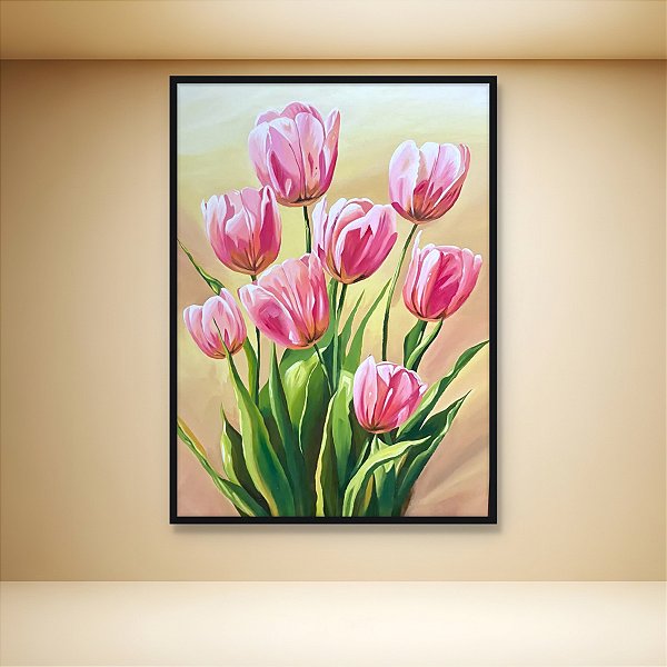 Quadro Decorativo Tulipas Rosa Bouquet e Folhagens Fundo Dourado 6454