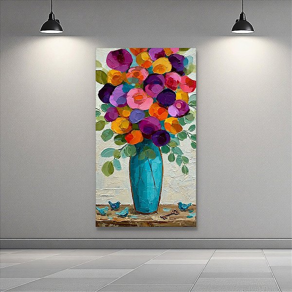 Quadro Decorativo Vaso Azul com Flores Coloridas e Passarinhos 6457