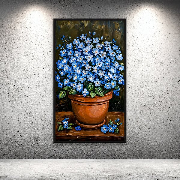 Quadro Decorativo Vaso de Flores Azuis em Oleo 6519