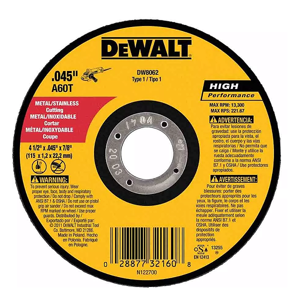 Disco Abrasivo para Corte 4-1/2x.045x7/8 Pol. DW8062-AR Dewalt