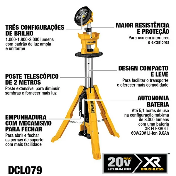 Torre de Iluminação à Bateria 20V MAX LED 1.001 a 3.000 Lúmens sem Bateria e Carregador DEWALT-DCL079B