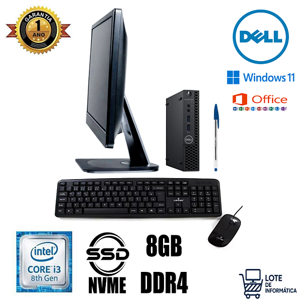 Computador completo empresarial Dell Mini Intel Core i3 Oitava geração 8GB DDR4 SSD NVME 256GB Wifi Windows 11 PRO super rapido monitor 19 widescreen 1 ano de garantia até 12x. Entrega e instalação grátis.