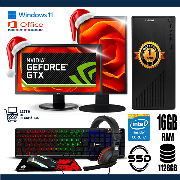 PC Gráfico Gamer Super Rápido com Kit Gamer Core i7 GTX 750TI 16GB RAM 1128GB Monitor Giratório Windows 11 Entrega e Instalação Grátis até 12x