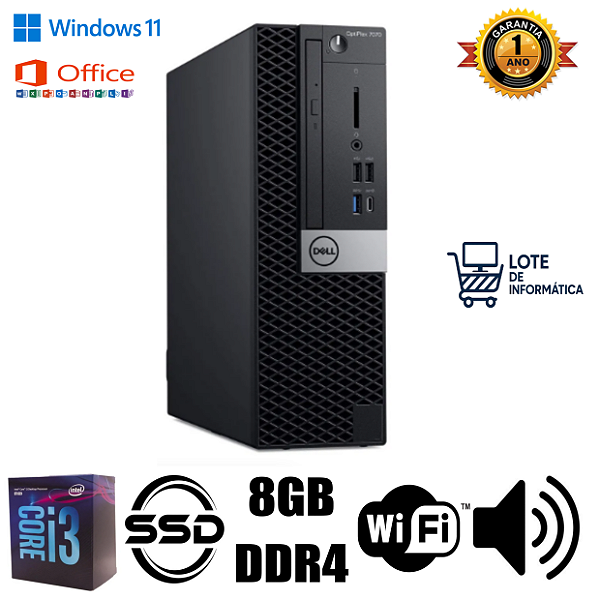 Computador Empresarial Dell Optiplex 7070 Intel Core i3 8TH 8GB DDR4 SSD 256GB Wifi e Som Nativo Windows 11 PRO Super Rápido 1 ano de garantia até 12x.