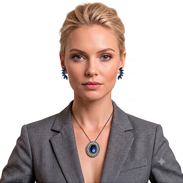 Conjunto Semijoia Colar Medalhão Oval e Brincos Ear Cuff Azul Safira em Ródio Negro