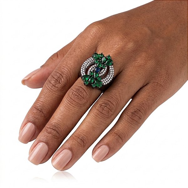 Anel Semijoia Duplo Ródio Negro Verde Esmeralda e Zircônias