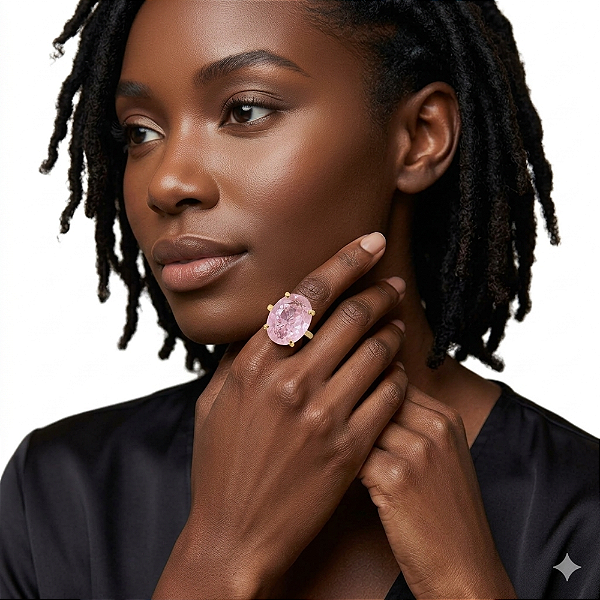 Anel Semijoia Solitário Ouro 18k Cristal Fusion Rosa Oval