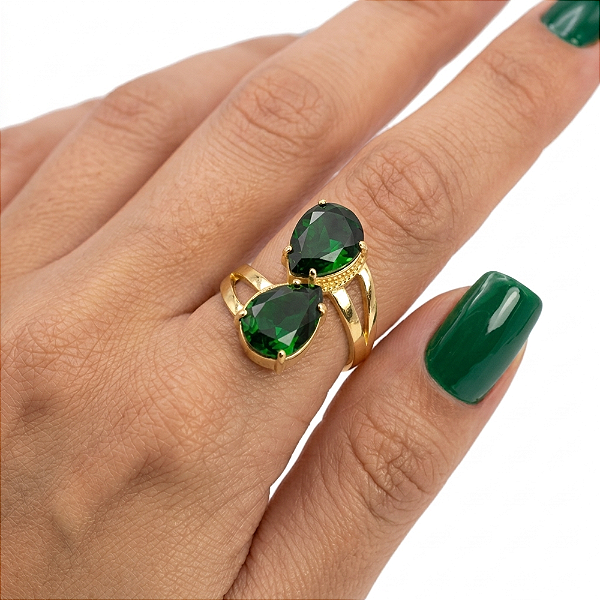 Anel Semijoia Ouro 18k Largo Vazado Duas Gotas Verde Esmeralda