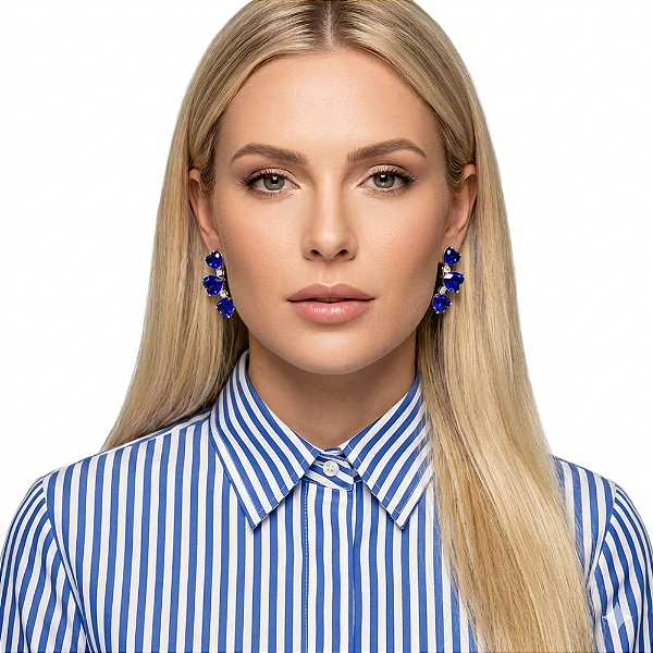 Brinco Ear Climber Corações Cristal Fusion Azul Safira em Ródio Branco