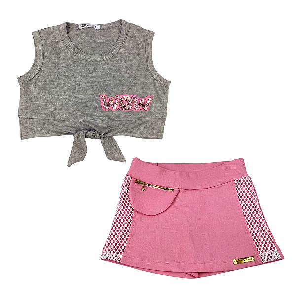 Conjunto Short Saia Rosa e Cropped