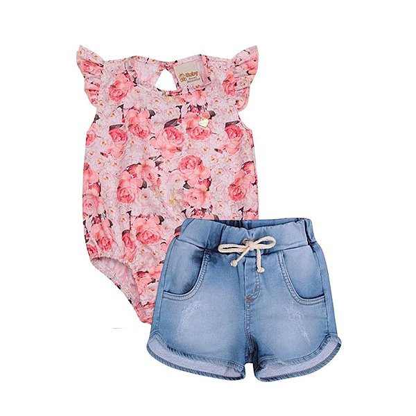 Conjunto Infantil Bebe Body Floral Shorts Jeans Doces Momentos Cozy Baby