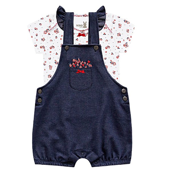 Jardineira Romper Bebe Com Body Manga Curta Little Flowers Jeans Escuro Kiko Baby Cozy Baby