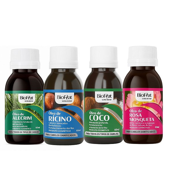 Kit Cabelos Tratados Terapia Capilar Misturinha BioFlat Óleo de Coco + Rícino + Alecrim + Rosa Mosqueta60ml