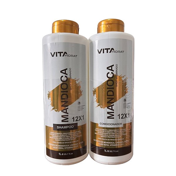 Kit Shampoo e Condicionador 12 em 1 Mandioca Shot Vitaminado Vita Hidrat 1L