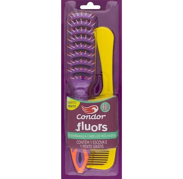 Escova Condor Fluors Desembaraça Cabelo Molhado Escova Pente Fluorescente Cores Sortidas