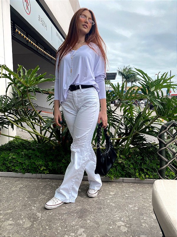 Calça Jeans Reta Wide Leg Nati Branca Destroyed