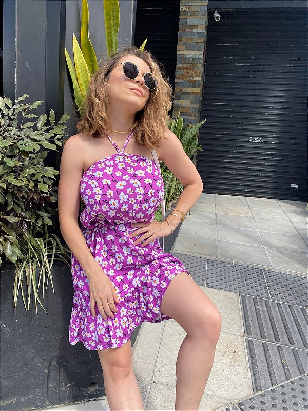 Vestido Curto Com Amarração no Pescoço Viscose Estampada Poli Roxo @usemika Feminina