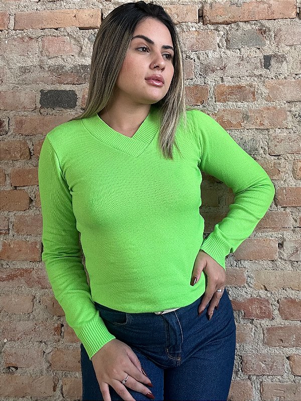 Tricot Decote V Manga Longa Siena Verde Limão @usemika Feminino